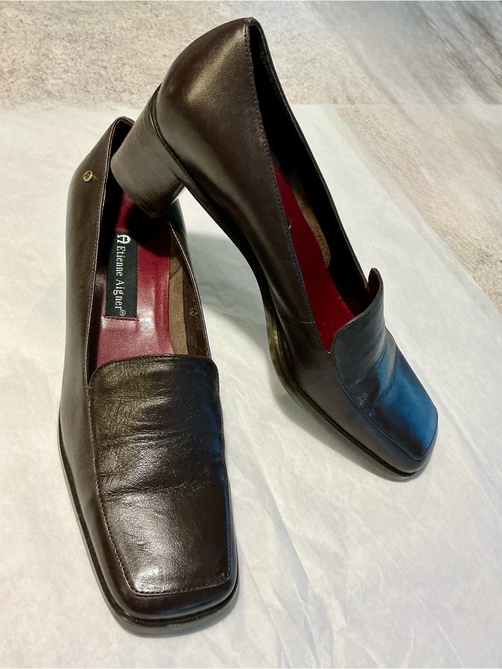 Etienne Aigner Brazil Rich Brown Leather Block Heel Pumps Square Toe Preppy 8.5 - Picture 3 of 13